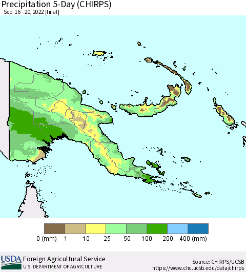 Papua New Guinea Precipitation 5-Day (CHIRPS) Thematic Map For 9/16/2022 - 9/20/2022