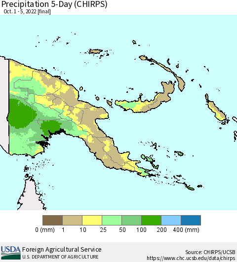 Papua New Guinea Precipitation 5-Day (CHIRPS) Thematic Map For 10/1/2022 - 10/5/2022
