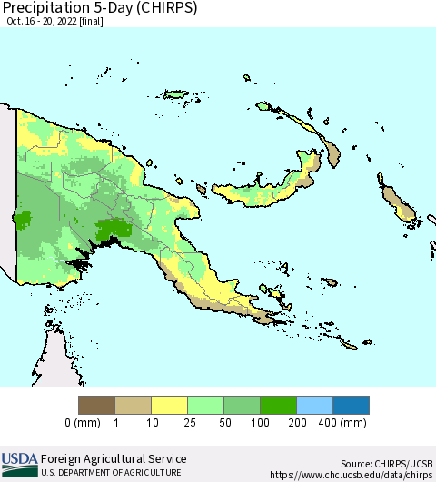 Papua New Guinea Precipitation 5-Day (CHIRPS) Thematic Map For 10/16/2022 - 10/20/2022