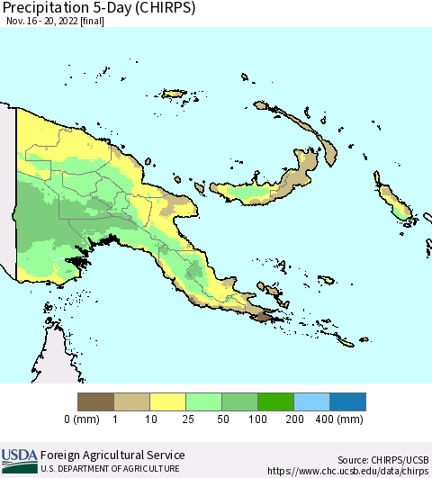 Papua New Guinea Precipitation 5-Day (CHIRPS) Thematic Map For 11/16/2022 - 11/20/2022
