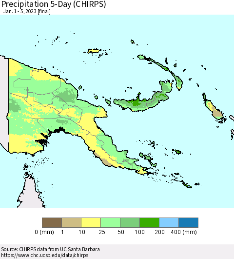 Papua New Guinea Precipitation 5-Day (CHIRPS) Thematic Map For 1/1/2023 - 1/5/2023