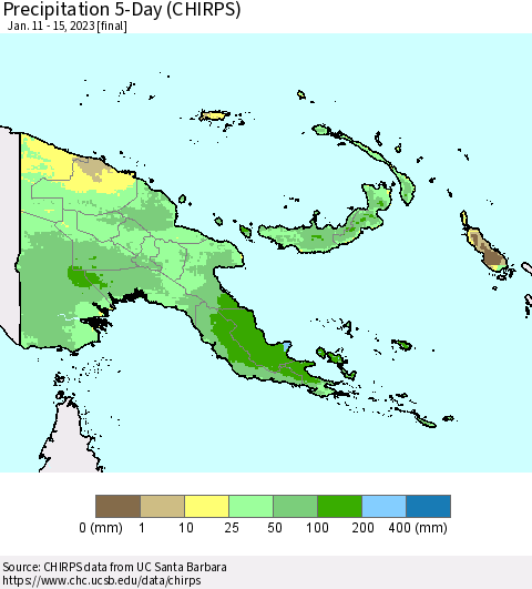 Papua New Guinea Precipitation 5-Day (CHIRPS) Thematic Map For 1/11/2023 - 1/15/2023
