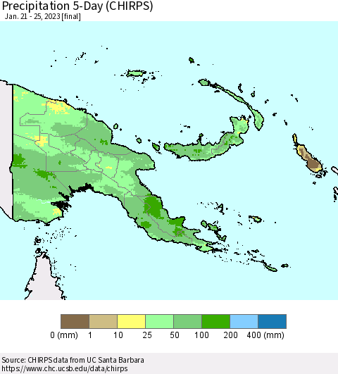 Papua New Guinea Precipitation 5-Day (CHIRPS) Thematic Map For 1/21/2023 - 1/25/2023