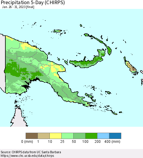 Papua New Guinea Precipitation 5-Day (CHIRPS) Thematic Map For 1/26/2023 - 1/31/2023