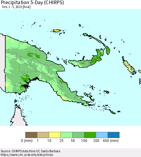 Papua New Guinea Precipitation 5-Day (CHIRPS) Thematic Map For 2/1/2023 - 2/5/2023
