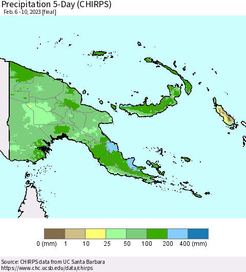Papua New Guinea Precipitation 5-Day (CHIRPS) Thematic Map For 2/6/2023 - 2/10/2023