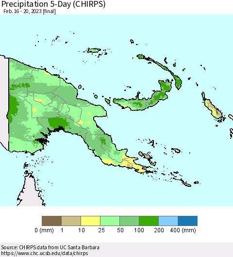 Papua New Guinea Precipitation 5-Day (CHIRPS) Thematic Map For 2/16/2023 - 2/20/2023