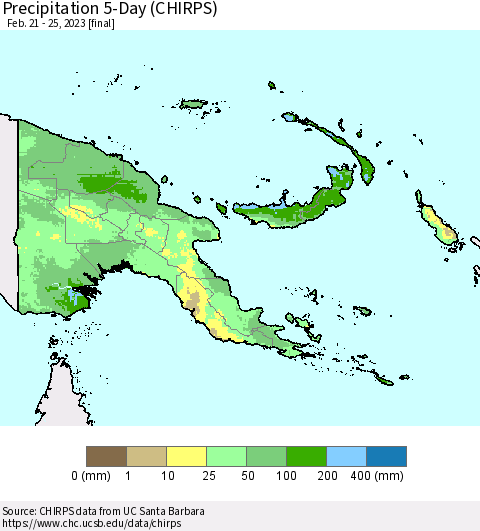 Papua New Guinea Precipitation 5-Day (CHIRPS) Thematic Map For 2/21/2023 - 2/25/2023