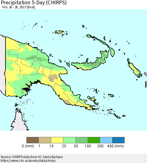Papua New Guinea Precipitation 5-Day (CHIRPS) Thematic Map For 2/26/2023 - 2/28/2023