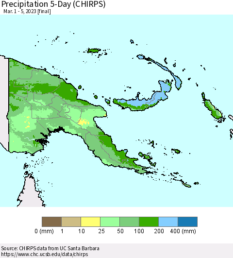 Papua New Guinea Precipitation 5-Day (CHIRPS) Thematic Map For 3/1/2023 - 3/5/2023