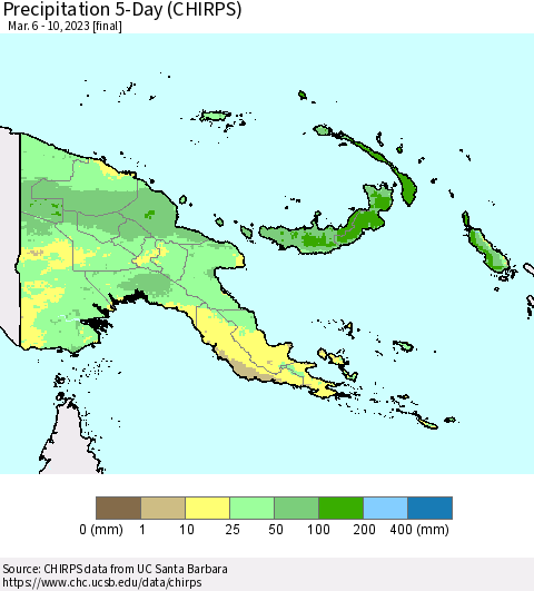 Papua New Guinea Precipitation 5-Day (CHIRPS) Thematic Map For 3/6/2023 - 3/10/2023