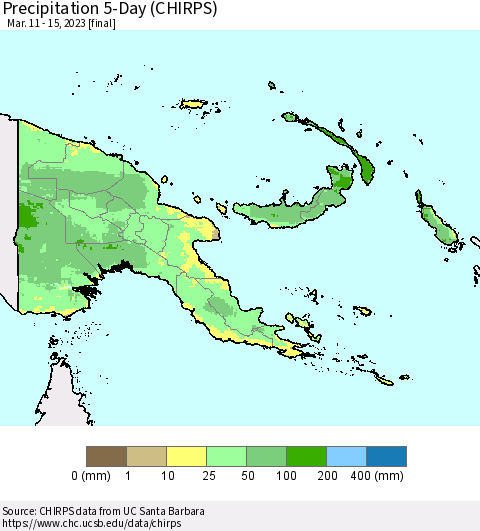 Papua New Guinea Precipitation 5-Day (CHIRPS) Thematic Map For 3/11/2023 - 3/15/2023