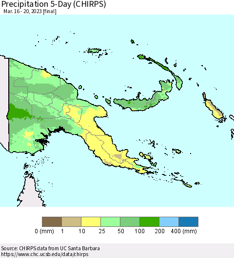 Papua New Guinea Precipitation 5-Day (CHIRPS) Thematic Map For 3/16/2023 - 3/20/2023