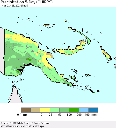 Papua New Guinea Precipitation 5-Day (CHIRPS) Thematic Map For 3/21/2023 - 3/25/2023