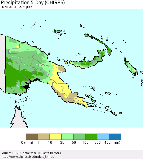 Papua New Guinea Precipitation 5-Day (CHIRPS) Thematic Map For 3/26/2023 - 3/31/2023
