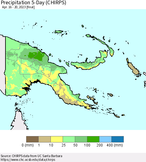 Papua New Guinea Precipitation 5-Day (CHIRPS) Thematic Map For 4/16/2023 - 4/20/2023