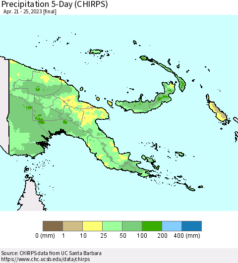 Papua New Guinea Precipitation 5-Day (CHIRPS) Thematic Map For 4/21/2023 - 4/25/2023