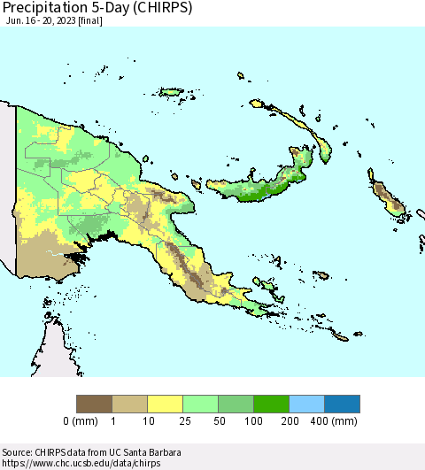 Papua New Guinea Precipitation 5-Day (CHIRPS) Thematic Map For 6/16/2023 - 6/20/2023