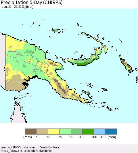 Papua New Guinea Precipitation 5-Day (CHIRPS) Thematic Map For 6/21/2023 - 6/25/2023