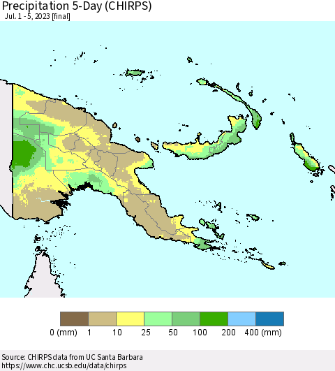 Papua New Guinea Precipitation 5-Day (CHIRPS) Thematic Map For 7/1/2023 - 7/5/2023