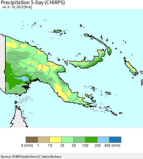 Papua New Guinea Precipitation 5-Day (CHIRPS) Thematic Map For 7/6/2023 - 7/10/2023
