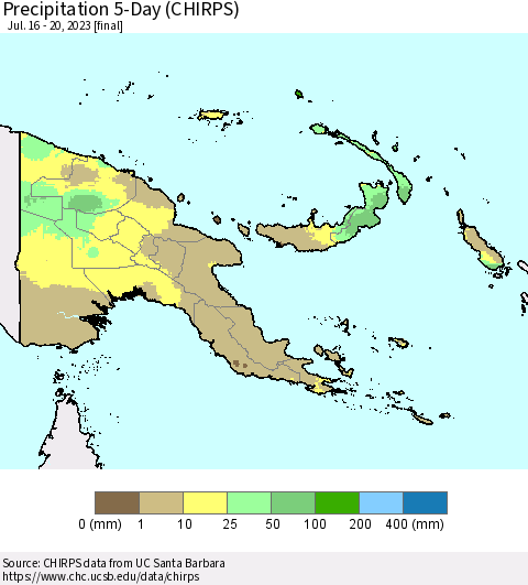 Papua New Guinea Precipitation 5-Day (CHIRPS) Thematic Map For 7/16/2023 - 7/20/2023
