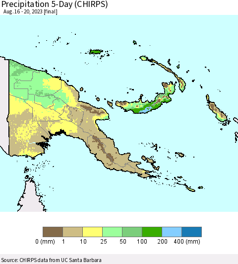 Papua New Guinea Precipitation 5-Day (CHIRPS) Thematic Map For 8/16/2023 - 8/20/2023