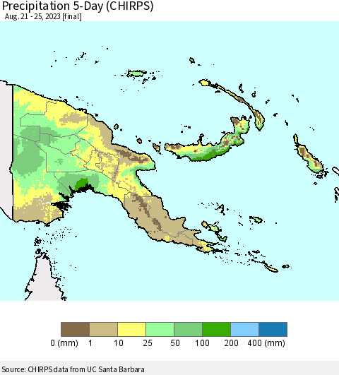 Papua New Guinea Precipitation 5-Day (CHIRPS) Thematic Map For 8/21/2023 - 8/25/2023