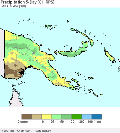 Papua New Guinea Precipitation 5-Day (CHIRPS) Thematic Map For 10/1/2023 - 10/5/2023