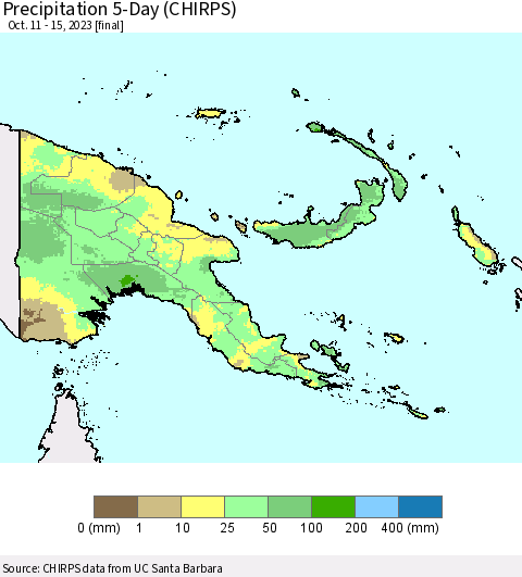 Papua New Guinea Precipitation 5-Day (CHIRPS) Thematic Map For 10/11/2023 - 10/15/2023