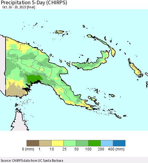 Papua New Guinea Precipitation 5-Day (CHIRPS) Thematic Map For 10/16/2023 - 10/20/2023