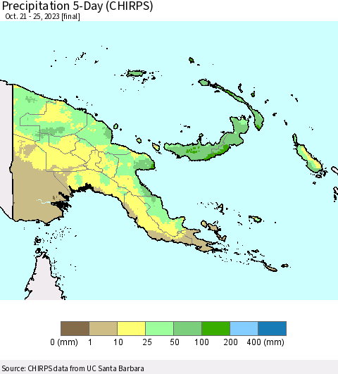 Papua New Guinea Precipitation 5-Day (CHIRPS) Thematic Map For 10/21/2023 - 10/25/2023