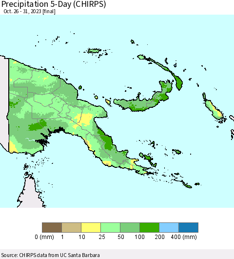 Papua New Guinea Precipitation 5-Day (CHIRPS) Thematic Map For 10/26/2023 - 10/31/2023