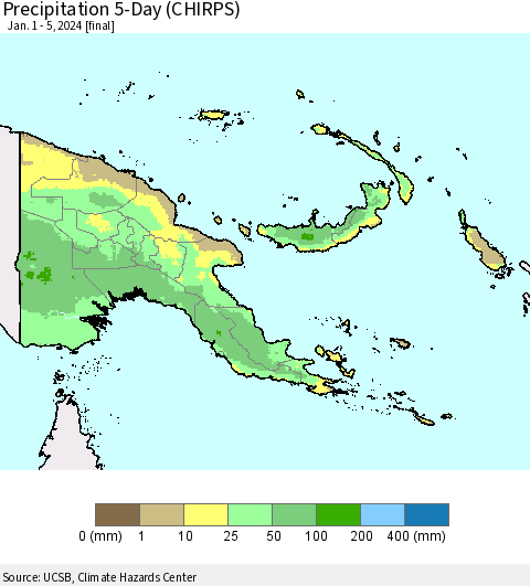 Papua New Guinea Precipitation 5-Day (CHIRPS) Thematic Map For 1/1/2024 - 1/5/2024
