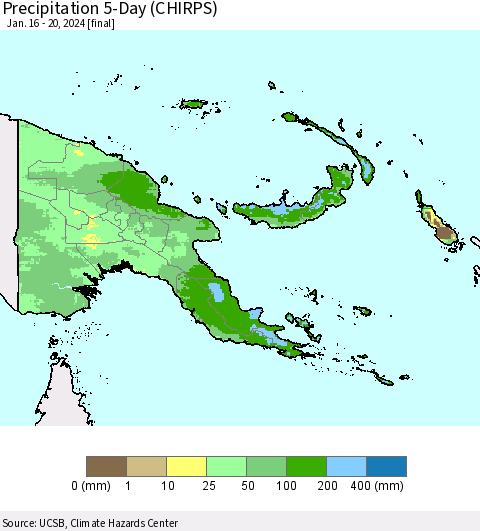 Papua New Guinea Precipitation 5-Day (CHIRPS) Thematic Map For 1/16/2024 - 1/20/2024