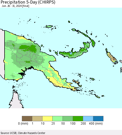 Papua New Guinea Precipitation 5-Day (CHIRPS) Thematic Map For 1/26/2024 - 1/31/2024