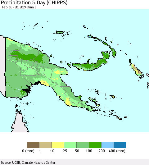 Papua New Guinea Precipitation 5-Day (CHIRPS) Thematic Map For 2/16/2024 - 2/20/2024