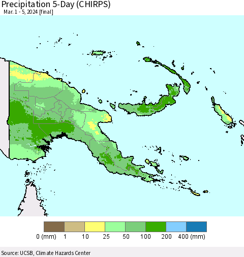 Papua New Guinea Precipitation 5-Day (CHIRPS) Thematic Map For 3/1/2024 - 3/5/2024