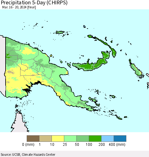 Papua New Guinea Precipitation 5-Day (CHIRPS) Thematic Map For 3/16/2024 - 3/20/2024