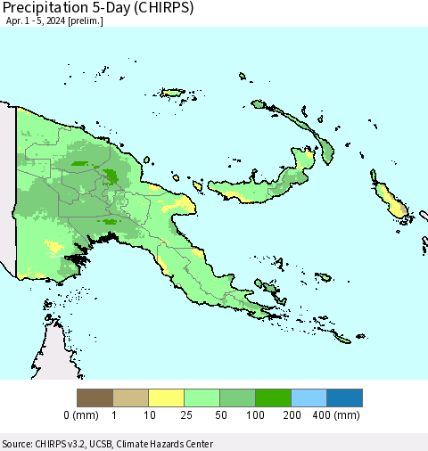 Papua New Guinea Precipitation 5-Day (CHIRPS) Thematic Map For 4/1/2024 - 4/5/2024