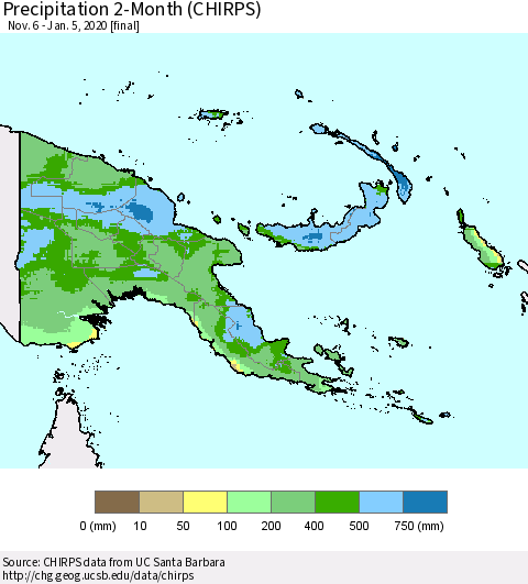 Papua New Guinea Precipitation 2-Month (CHIRPS) Thematic Map For 11/6/2019 - 1/5/2020