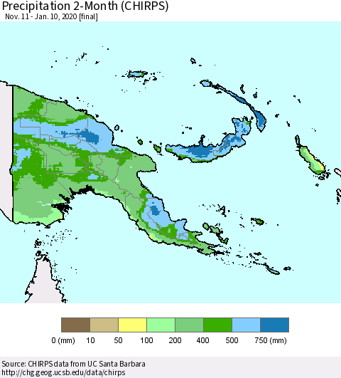 Papua New Guinea Precipitation 2-Month (CHIRPS) Thematic Map For 11/11/2019 - 1/10/2020