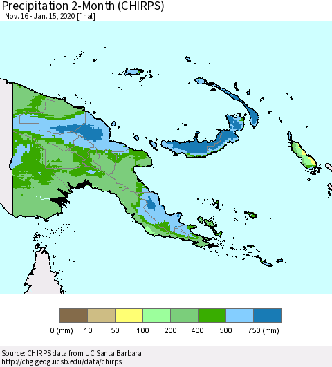 Papua New Guinea Precipitation 2-Month (CHIRPS) Thematic Map For 11/16/2019 - 1/15/2020