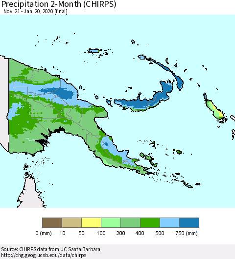 Papua New Guinea Precipitation 2-Month (CHIRPS) Thematic Map For 11/21/2019 - 1/20/2020