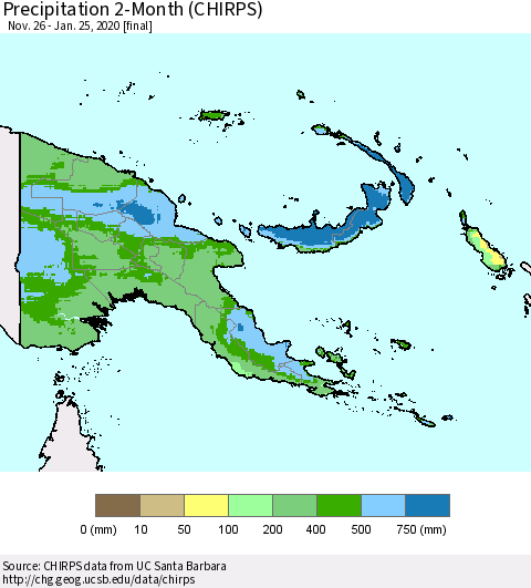 Papua New Guinea Precipitation 2-Month (CHIRPS) Thematic Map For 11/26/2019 - 1/25/2020