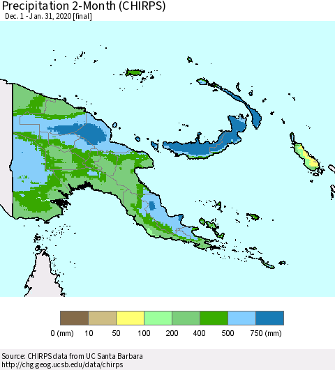 Papua New Guinea Precipitation 2-Month (CHIRPS) Thematic Map For 12/1/2019 - 1/31/2020