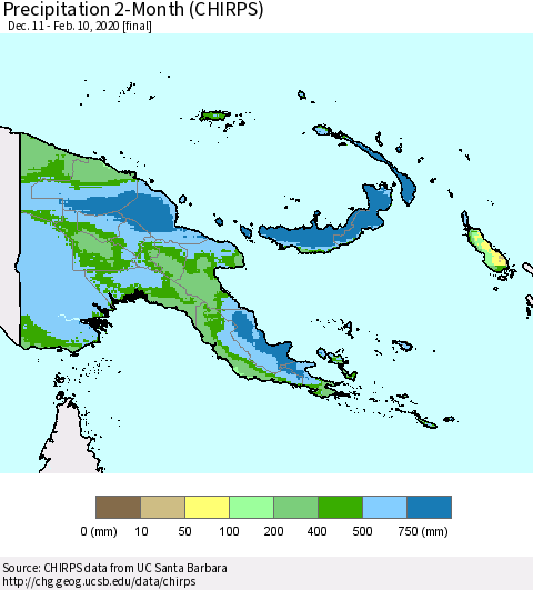 Papua New Guinea Precipitation 2-Month (CHIRPS) Thematic Map For 12/11/2019 - 2/10/2020