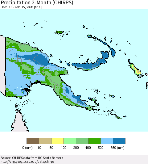 Papua New Guinea Precipitation 2-Month (CHIRPS) Thematic Map For 12/16/2019 - 2/15/2020