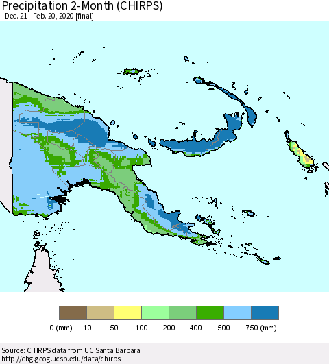 Papua New Guinea Precipitation 2-Month (CHIRPS) Thematic Map For 12/21/2019 - 2/20/2020