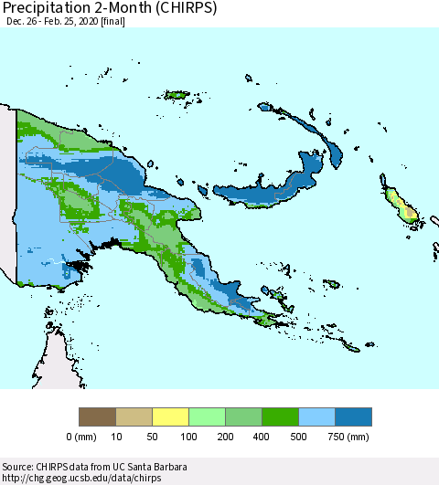 Papua New Guinea Precipitation 2-Month (CHIRPS) Thematic Map For 12/26/2019 - 2/25/2020